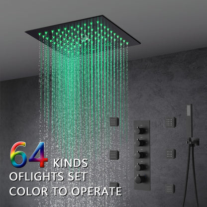 12-Inch Flush-Mount Matte Black Thermostatic Shower Faucet: 4-Way Control, 64-Color LED Lighting, Bluetooth Music, Optional Digital Display, and Body Sprayers