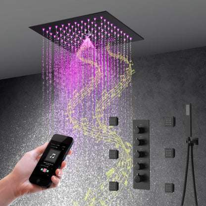 12-Inch Flush-Mount Matte Black Thermostatic Shower Faucet: 4-Way Control, 64-Color LED Lighting, Bluetooth Music, Optional Digital Display, and Body Sprayers