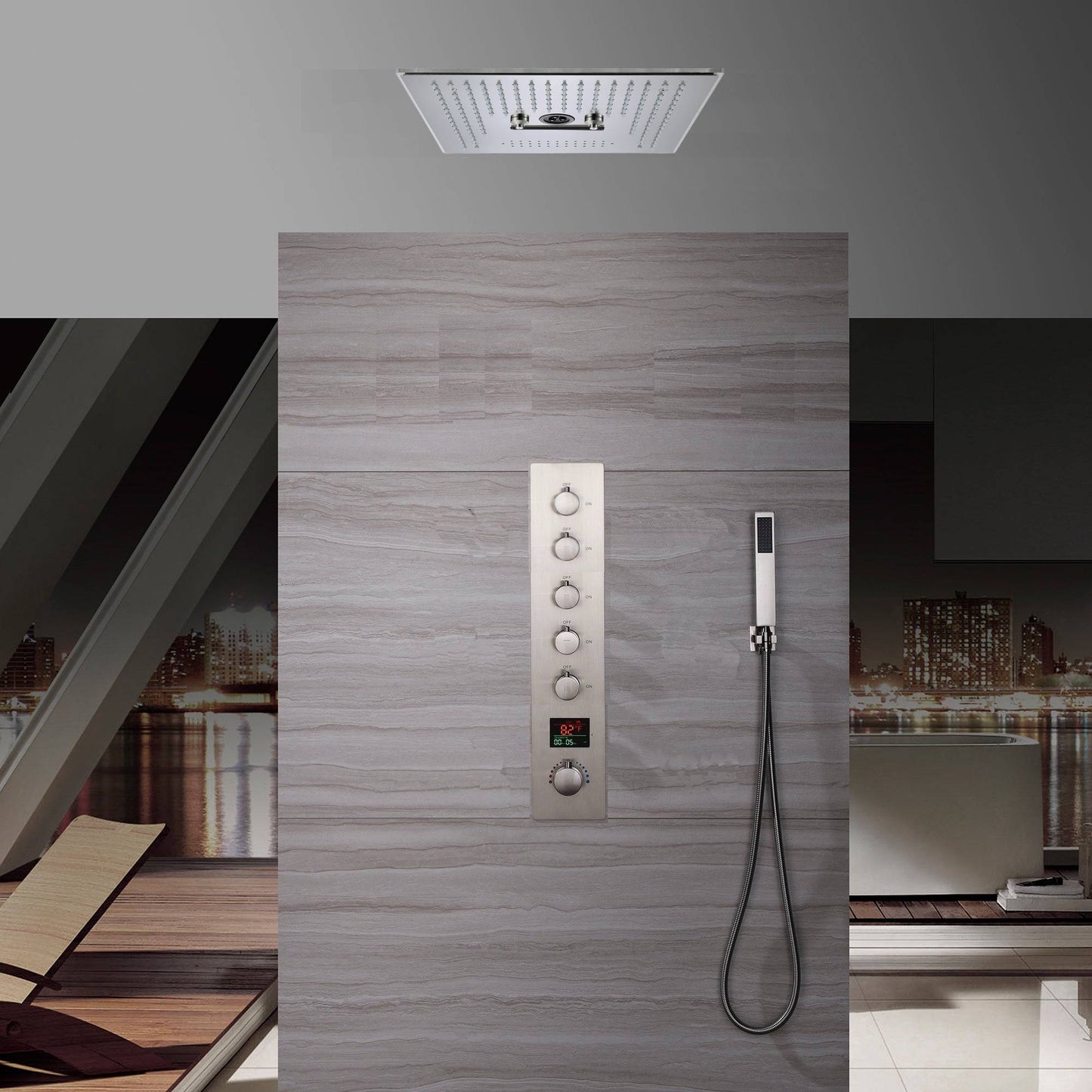 16-Inch Brushed Nickel Flush Mount Rainfall-Waterfall-Mist Hydro-Water Massage, 5-Way Digital Thermostatic Shower System with 64 LED Lights and Bluetooth Music Integration