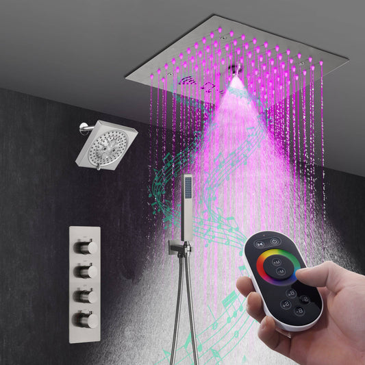 12-Inch Flush-Mount Brushed Nickel Thermostatic Shower Faucet:3-Way Control, 64-Color LED, Bluetooth Music, and Regular Head