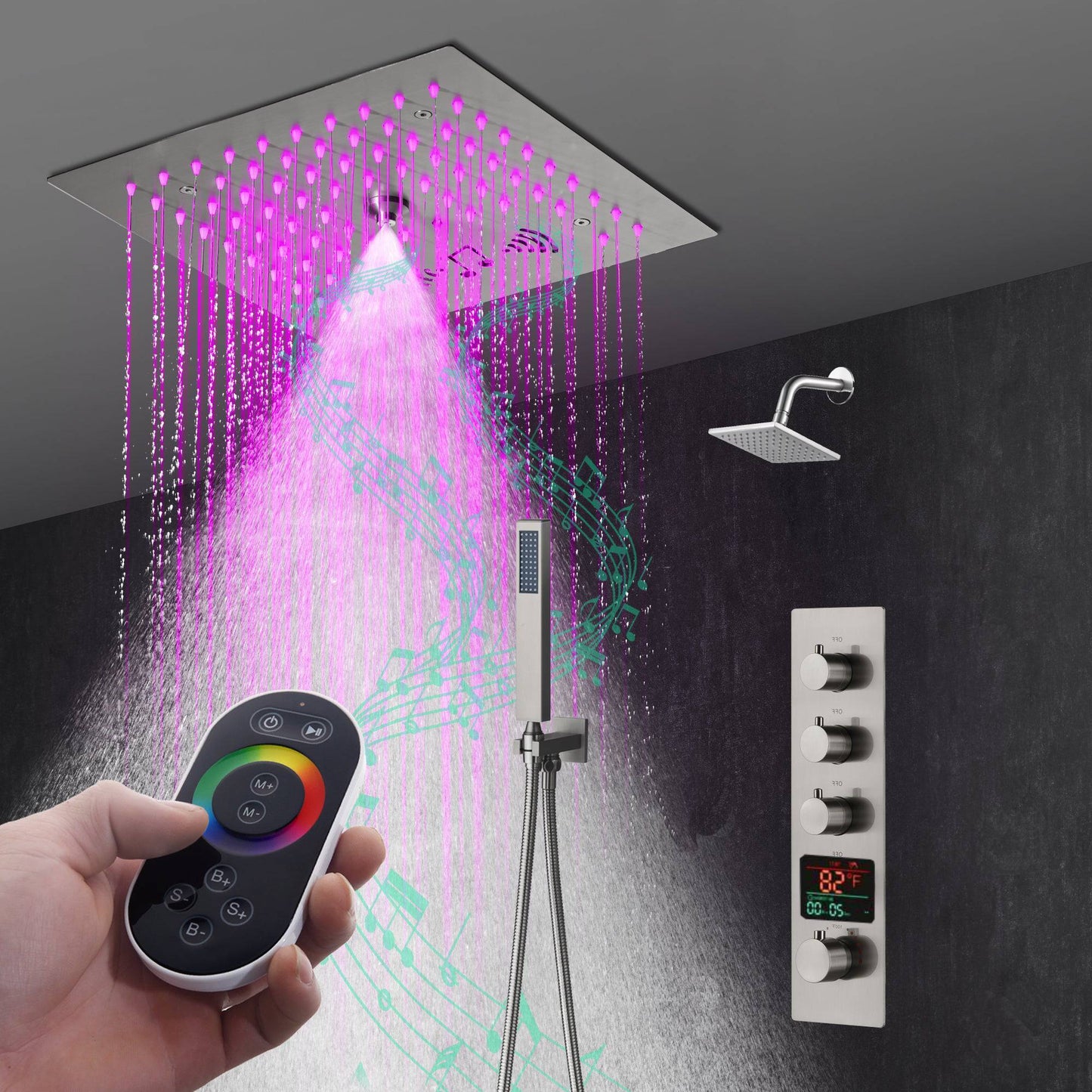 12-Inch Flush-Mount Brushed Nickel Thermostatic Shower Faucet:3-Way Control, 64-Color LED, Bluetooth Music, and Regular Head