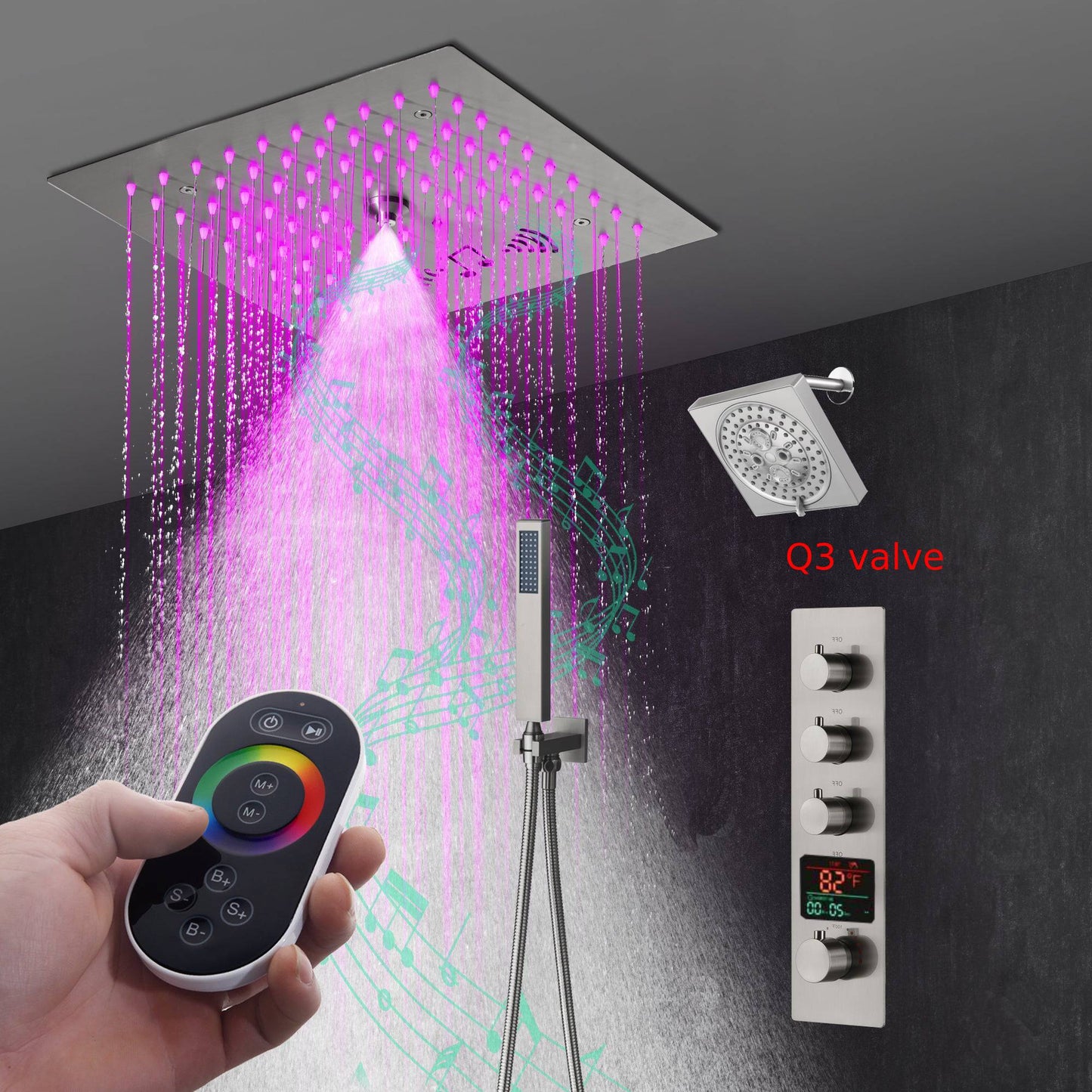 12-Inch Flush-Mount Brushed Nickel Thermostatic Shower Faucet:3-Way Control, 64-Color LED, Bluetooth Music, and Regular Head