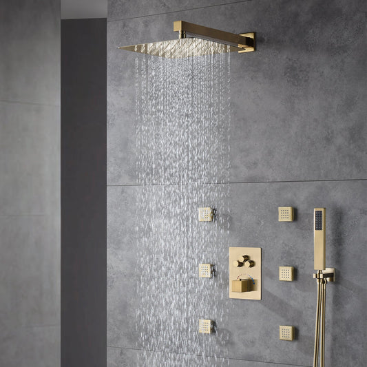 12'' or 6'' Brushed Gold Wall-Mounted 3-Way Thermostatic Shower System with Body Jets - Simultaneous and Separate Functionality