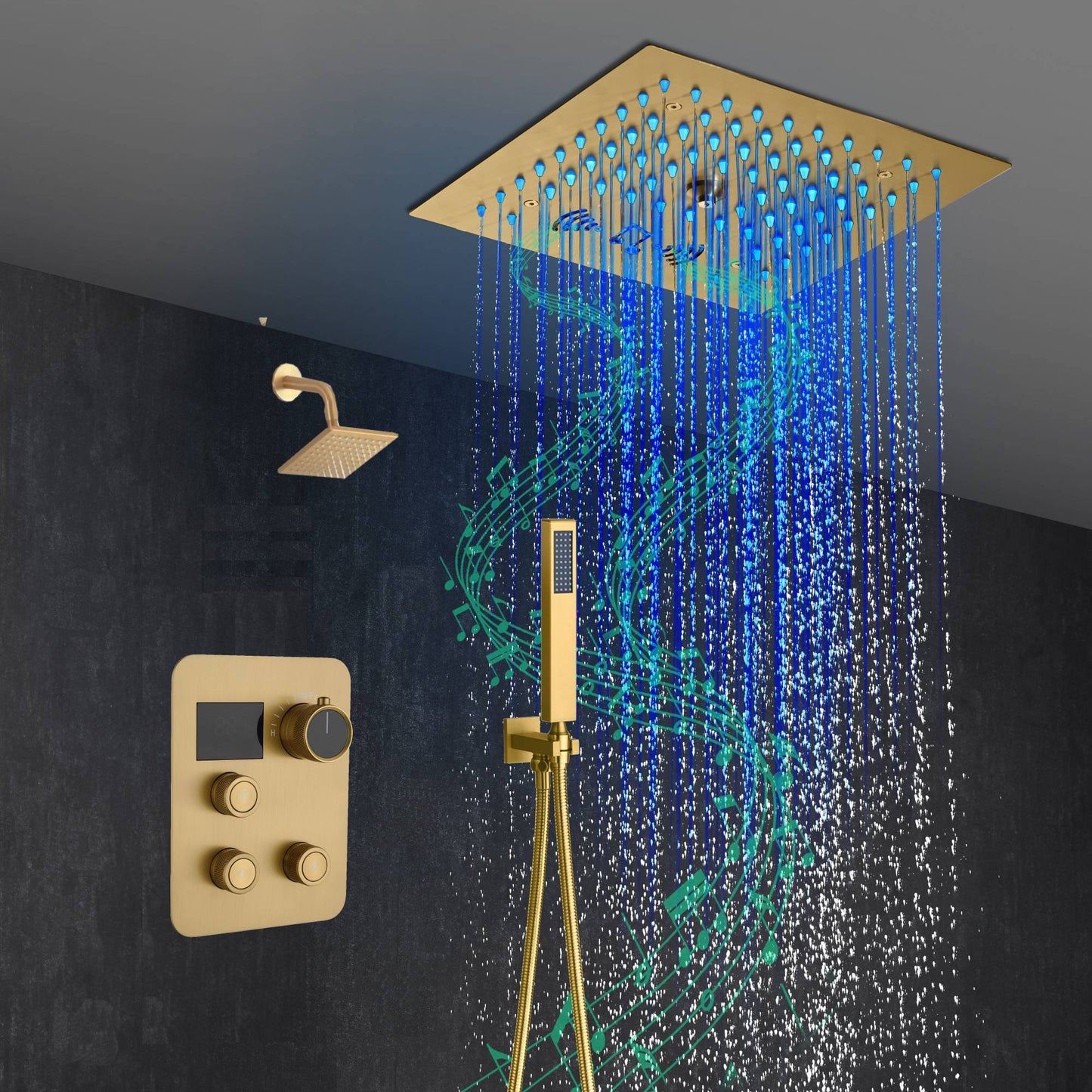 12-Inch Brushed Gold Flush Mount Shower Faucet Set: 3-Way Thermostatic Control, 64-Color LED Lights, Bluetooth Music, and Regular Head