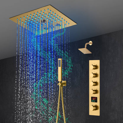 12-Inch Brushed Gold Flush Mount Shower Faucet Set: 4-Way Thermostatic Control, 64-Color LED Lights, Bluetooth Music, and Regular Head