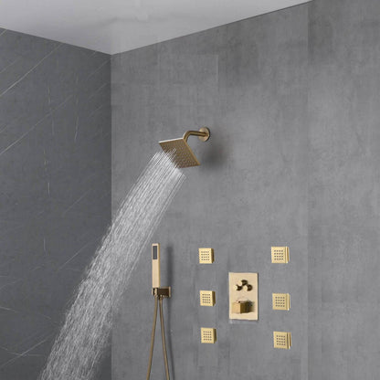 12'' or 6'' Brushed Gold Wall-Mounted 3-Way Thermostatic Shower System with Body Jets - Simultaneous and Separate Functionality