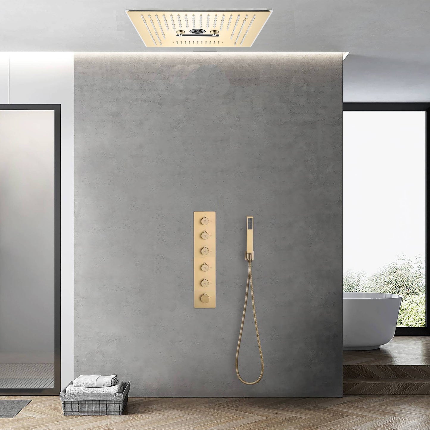 16-Inch Brushed Gold Flush-Mounted Rainfall, Waterfall, Mist, Hydro-Massage Shower Head with 64 LED Lights and Bluetooth Music - 5-Way Thermostatic Shower Faucet With Optional Digital Display