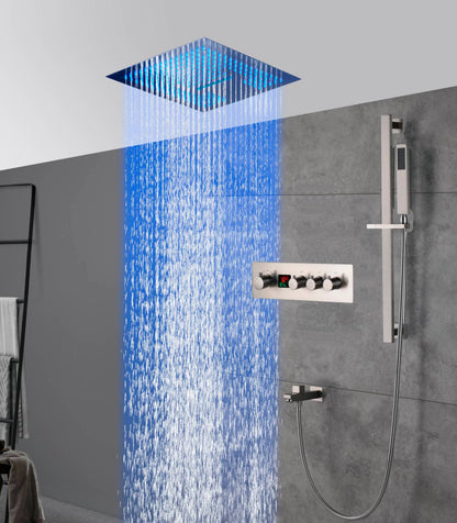 16-Inch Brushed Nickel Digital Thermostatic Shower System: 3-Way Control, Flush-Mounted, 64-Color LED Lighting, Bluetooth Music, Rainfall & Waterfall Features