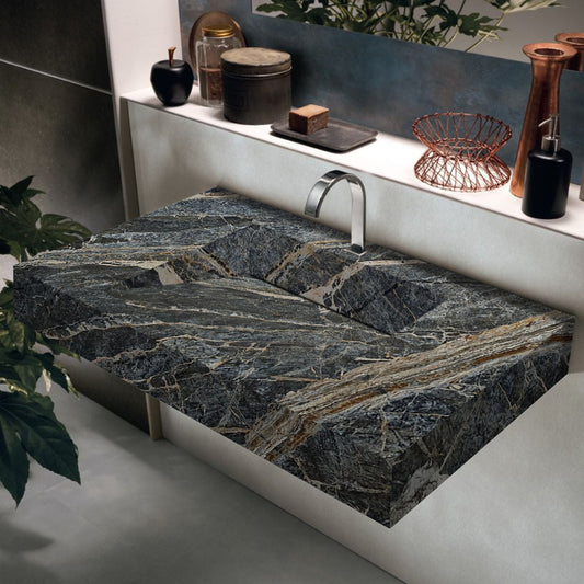 TCSC | Adriatic Black Marble Modern Rectangular Sink Wall-mount Bathroom Sink (W)16" (L)30" (H)6"