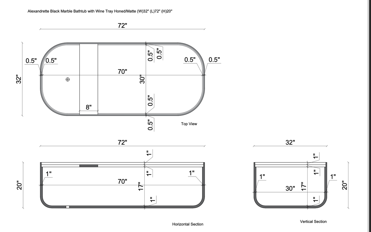 TCSC | Alexandrette Black Marble Bathtub with Beverage Tray Honed/Matte (W)32" (L)72" (H)20"