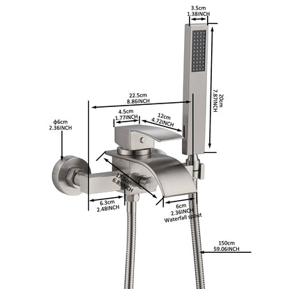 Brushed Nickel Waterfall Wall-Mount Bath Tub Filler Faucet: Complete with Handheld Shower for a Luxurious Bathing Experience