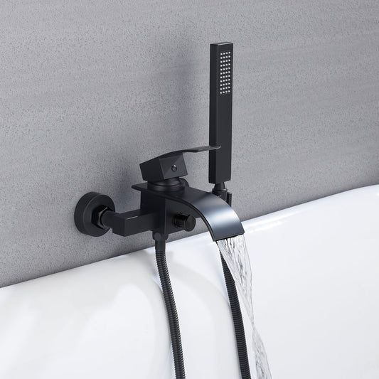 Matte Black Waterfall Wall-mount Bath Tub Filler Faucet with Handheld Shower