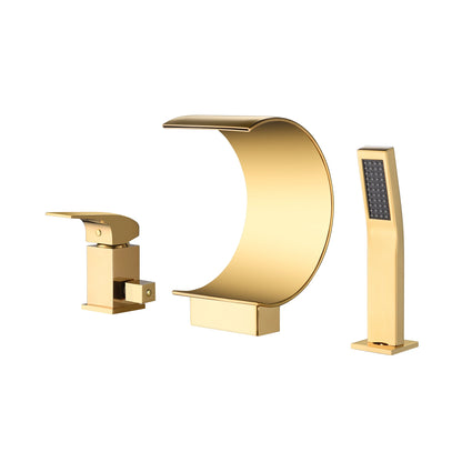 Polished Gold Bathtub Faucet Waterfall Mixer Faucet with Hand Shower Deck Mount