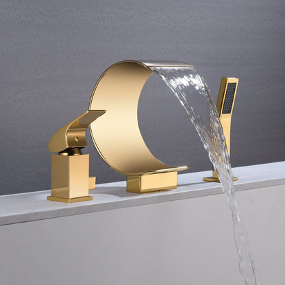 Polished Gold Bathtub Faucet Waterfall Mixer Faucet with Hand Shower Deck Mount