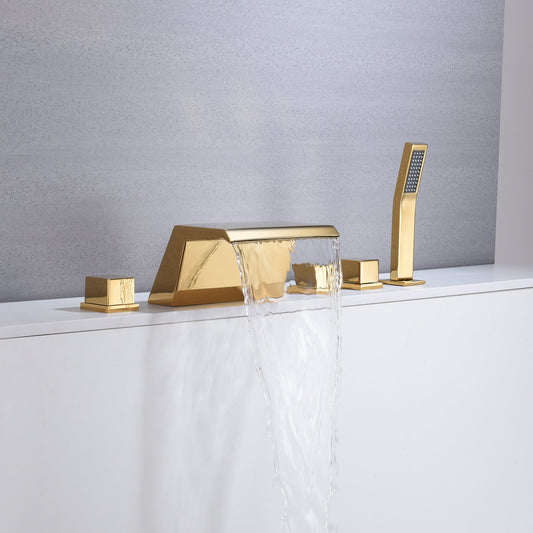 Waterfall Tub Filler Bathtub Faucet Polished Gold 5-Hole 3-Handle Solid Brass Bathroom Bath Tub Faucets Mixer Tap with Hand Shower