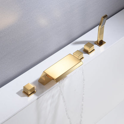 Waterfall Tub Filler Bathtub Faucet Polished Gold 5-Hole 3-Handle Solid Brass Bathroom Bath Tub Faucets Mixer Tap with Hand Shower