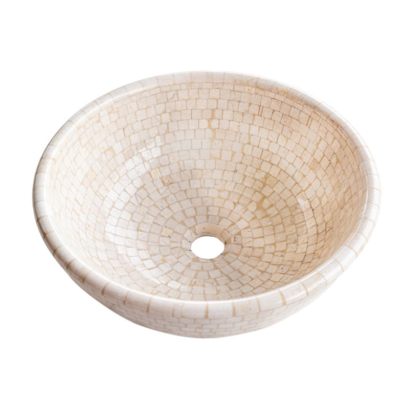 TCSC | Botticino Marble Mosaic Natural Stone Round Above Vanity Vessel Sink Semi-polished (D)16" (H)6"