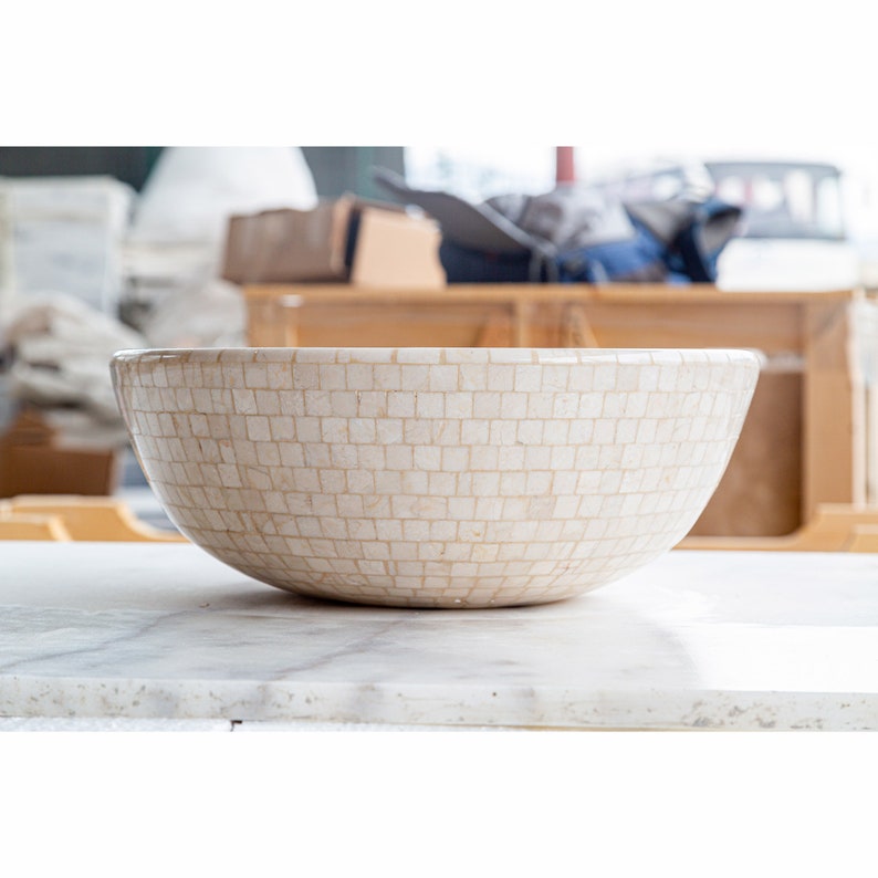 TCSC | Botticino Marble Mosaic Natural Stone Round Above Vanity Vessel Sink Semi-polished (D)16" (H)6"