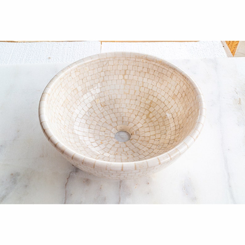 TCSC | Botticino Marble Mosaic Natural Stone Round Above Vanity Vessel Sink Semi-polished (D)16" (H)6"