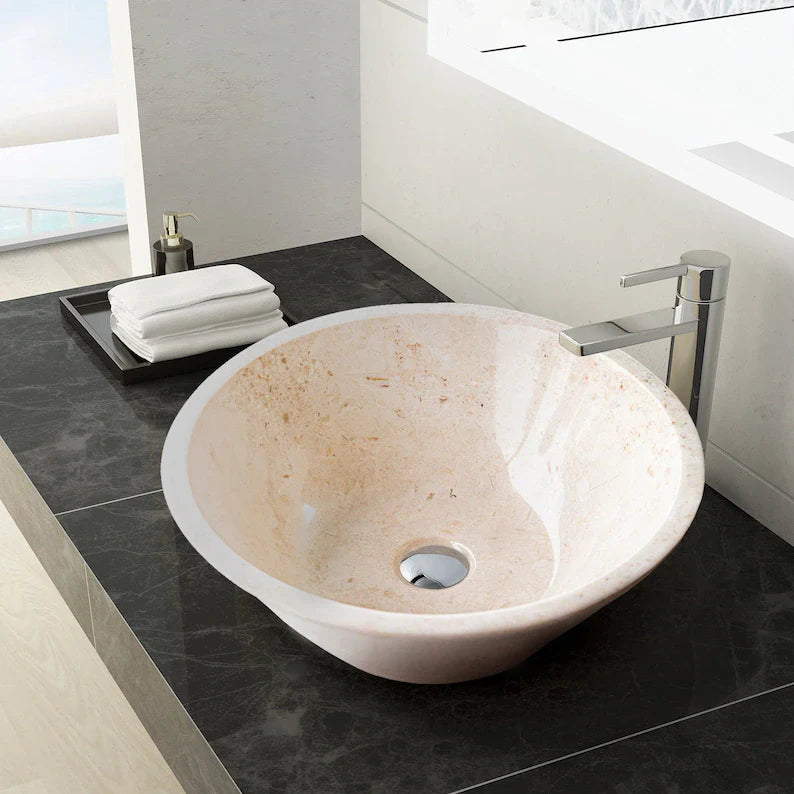 Cappuccino Beige Marble V-Shape Tapered Above Vanity Bathroom Sink Polished (D)16" (H)6"