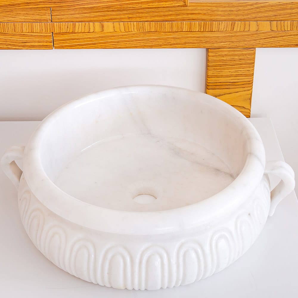 TCSC | Calacatta White Marble Vessel Saucepan Shape Above Vanity Bathroom Sink (D)17" (H)6"