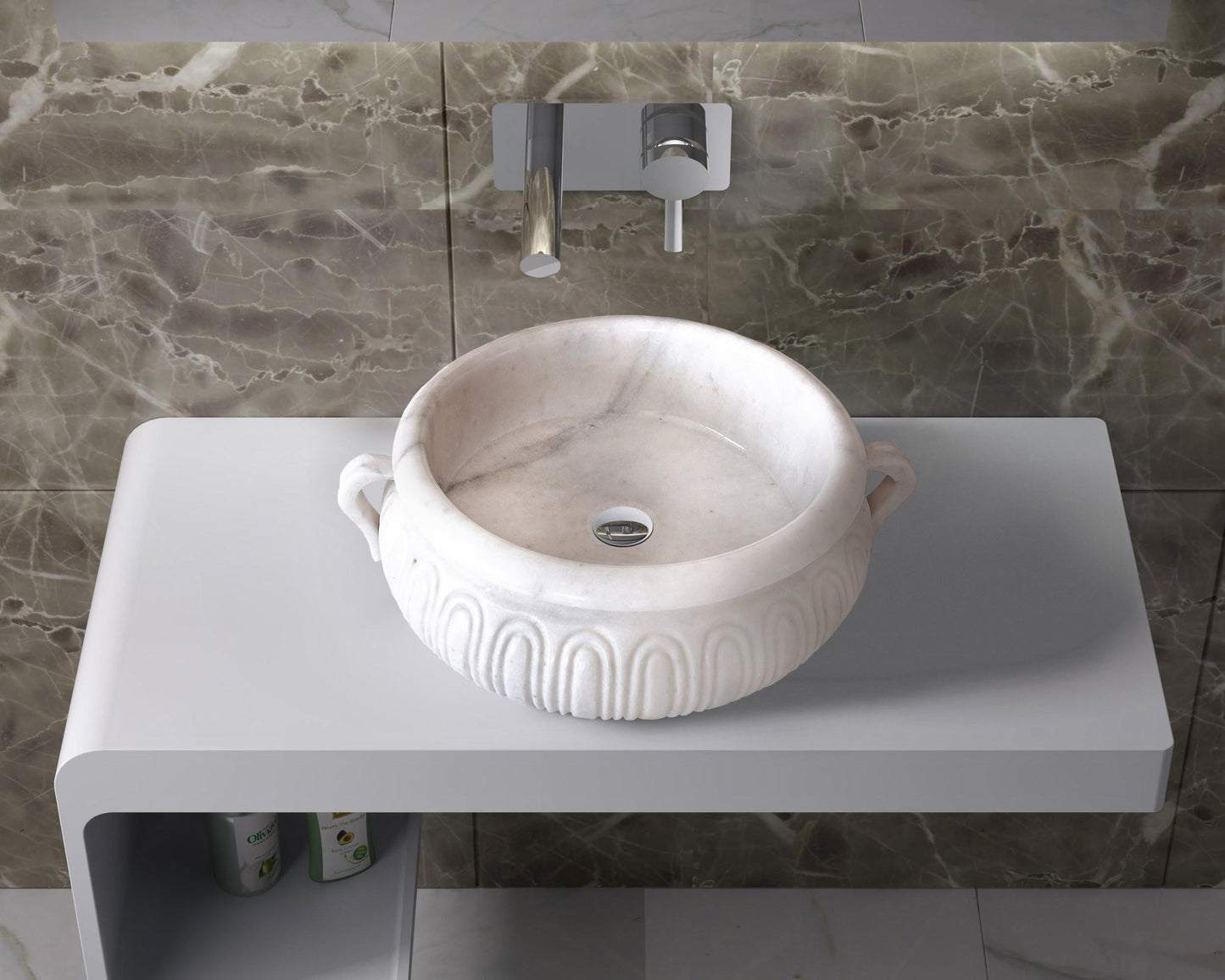 TCSC | Calacatta White Marble Vessel Saucepan Shape Above Vanity Bathroom Sink (D)17" (H)6"