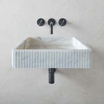 TCSC | Carrara White Marble Wall-mount Bathroom Sink Ribbed Textured (W)16" (W)24" (H)6"