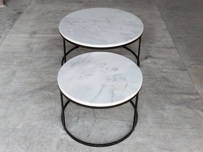 TCSC | Carrara White Marble Nesting Coffee Table Round Set of 2 Polished