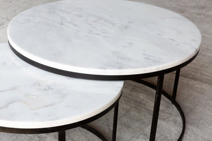 TCSC | Carrara White Marble Nesting Coffee Table Round Set of 2 Polished