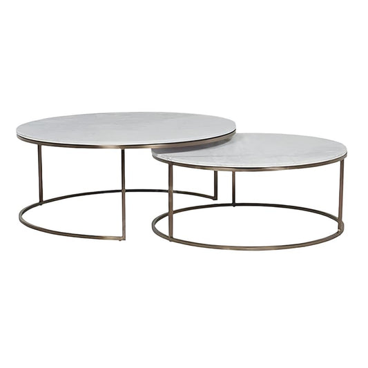 TCSC | Carrara White Marble Nesting Coffee Table Round Set of 2 Polished