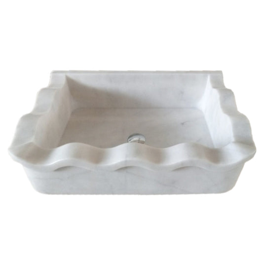 TCSC | Carrara White Marble Rectangular Wall-mount Wavy Edges Bathroom Sink (W)16" (L)24" (H)6"