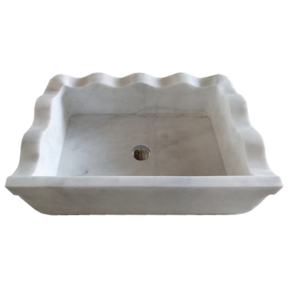 TCSC | Carrara White Marble Rectangular Wall-mount Wavy Edges Bathroom Sink (W)16" (L)24" (H)6"