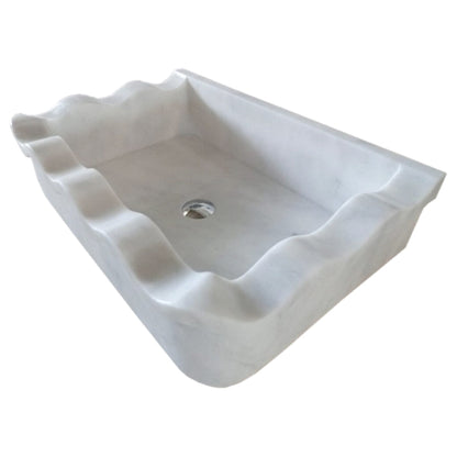 TCSC | Carrara White Marble Rectangular Wall-mount Wavy Edges Bathroom Sink (W)16" (L)24" (H)6"