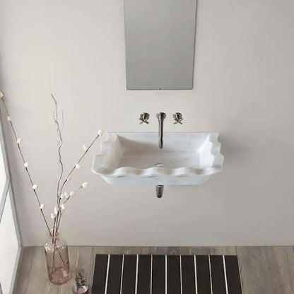 Carrara White Marble Rectangular Wall-mount Wavy Edges Bathroom Sink (W)16" (L)24" (H)6"