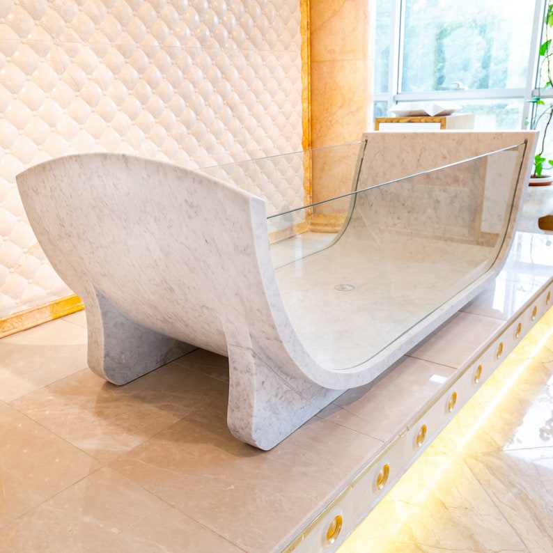 TCSC | Carrara White Marble Bathtub Strong Tempered Glass Side Walls Polished (W)32" (L)79" (H)24"