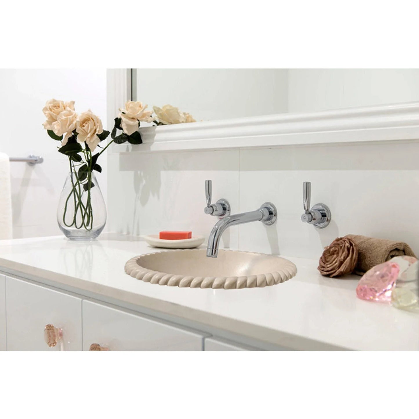 Champagne Limestone Oval Braid Self-rimming Above Vanity Bathroom Sink (W)18" (L)22" (H)6"