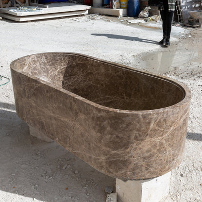 TCSC | Emperador Light Marble Bathtub Hand-carved from Solid Marble Block (W)29.5" (L)67" (H)19.5"