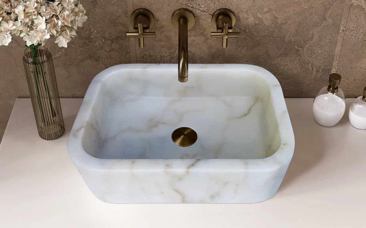 TCSC | European Sugar White Marble Sink Rectangular Above Vanity Bathroom Sink (W)18" (L)12" (H)5"