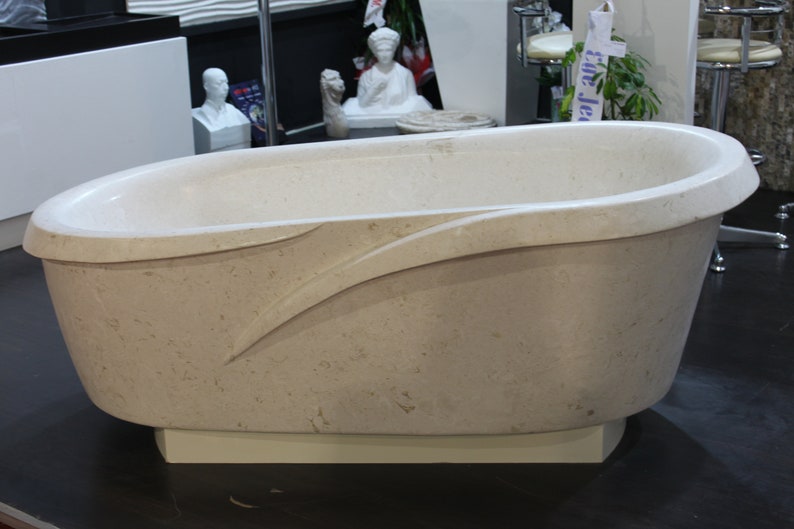 TCSC | Fossil White Limestone Sloped Bathtub Hand-carved from Solid Marble Block (W)40" (L)80" (H)24" Polished