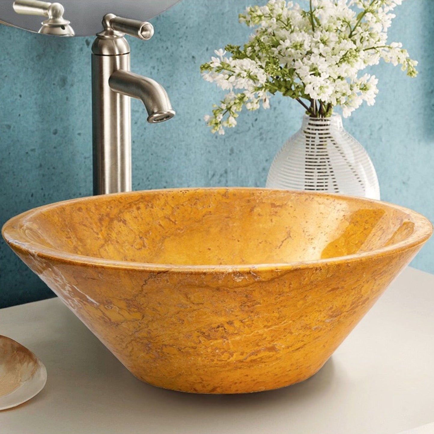 TCSC | Golden Sienna Travertine V-Shape Tapered Above Vanity Bathroom Sink Polished