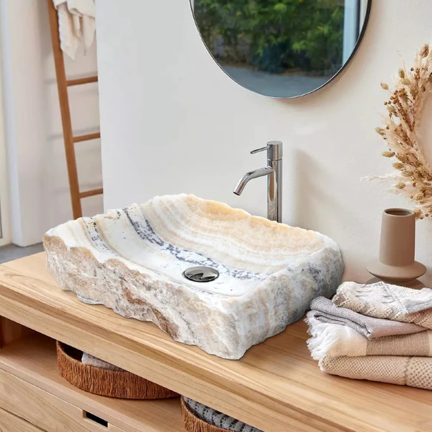 TCSC | Honey Onyx Rectangular Above Vanity Bathroom Sink Polished Interior Hand-chiseled Exterior