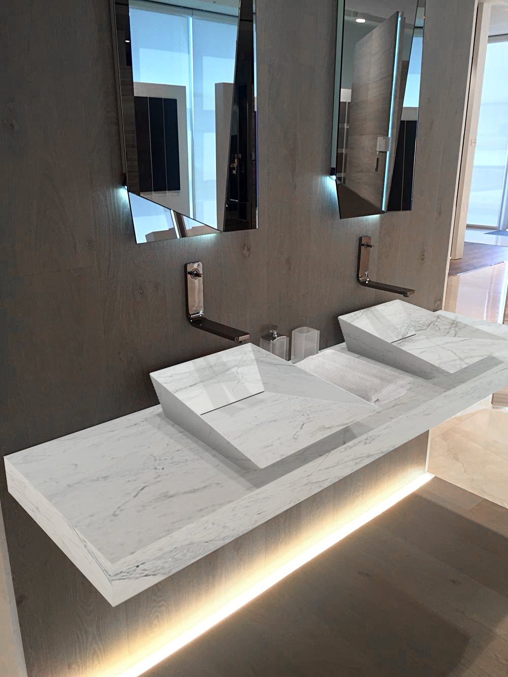 TCSC | Imperial White Marble Double Sink Above Vanity Wall-mount Bathroom Sink (W)21" (L)80" (H)8"