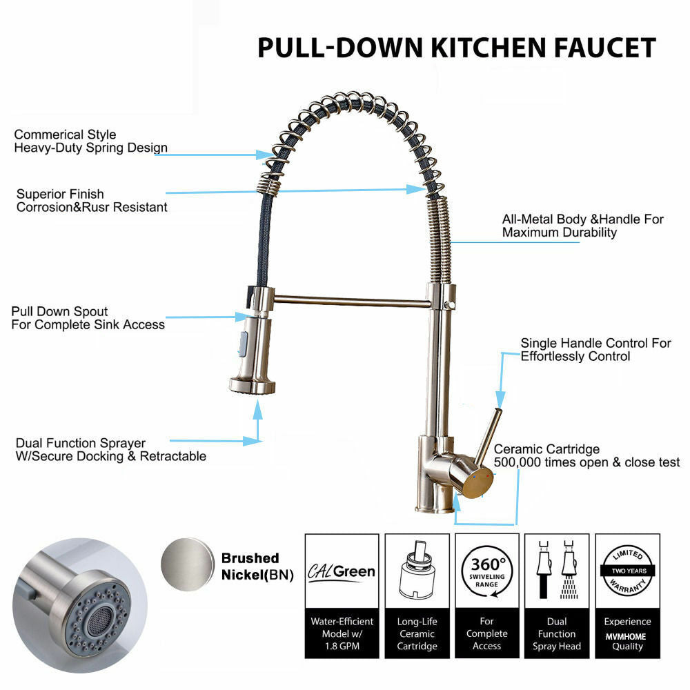 Brushed Nickel Pull Out Spray Spring Kitchen Sink Tap Single Lever Mixer Faucet