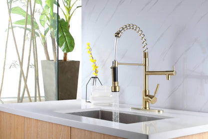 Brushed Gold High Arc brass Kitchen Sink Faucet Pull Down Spray with lock ring and deck plate