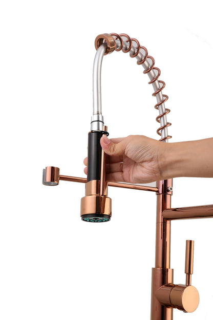 Rose Gold High Arc brass Kitchen Sink Faucet Pull Down Spray with lock ring and deck plate