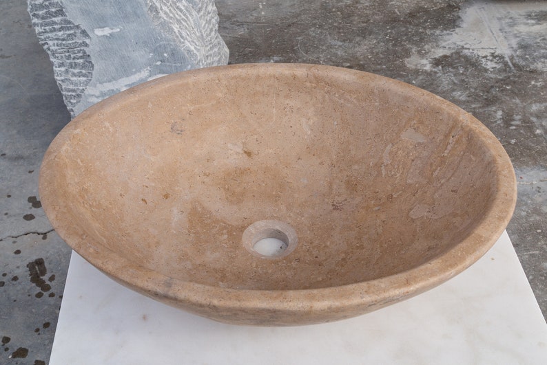 TCSC | Karina Walnut Travertine Natural Stone Oval Shape Above Vanity Bathroom Vessel Sink