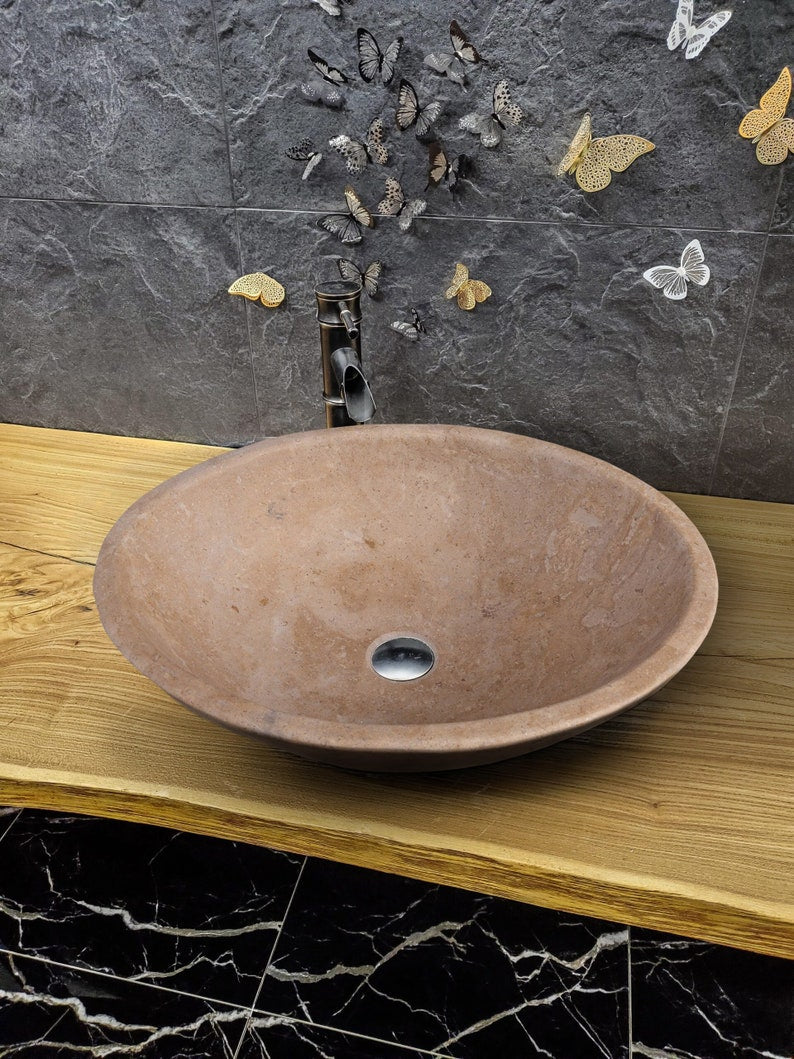 TCSC | Karina Walnut Travertine Natural Stone Oval Shape Above Vanity Bathroom Vessel Sink