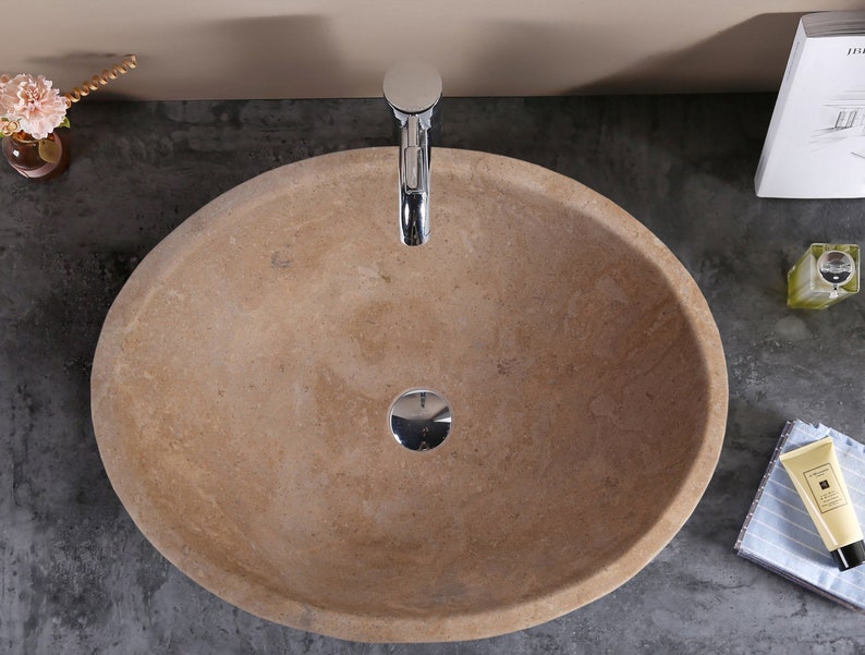 TCSC | Karina Walnut Travertine Natural Stone Oval Shape Above Vanity Bathroom Vessel Sink