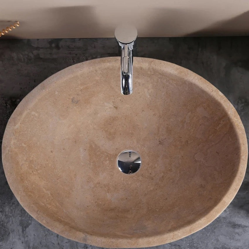 TCSC | Karina Walnut Travertine Natural Stone Oval Shape Above Vanity Bathroom Vessel Sink