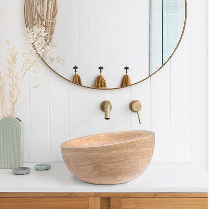 TCSC | Light Beige Travertine Sloped Above Vanity Bathroom Vessel Sink Honed